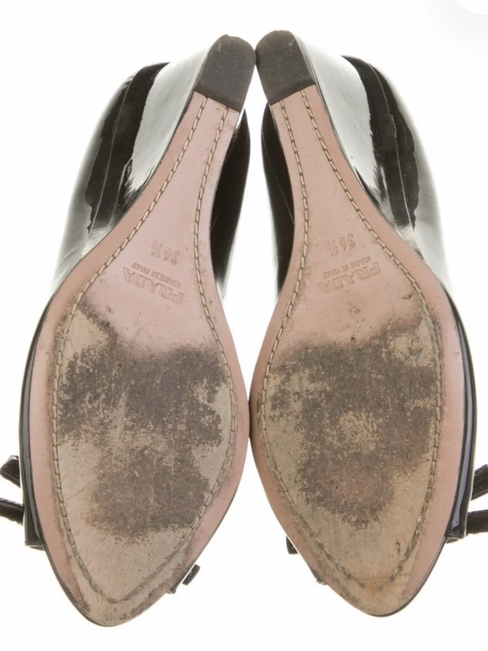 Prada Black Patent Leather Peep-Toe Wedges with Bow and Gold Accent